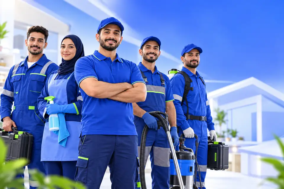 فريق شركة النقاء للخدمات المنزلية بالرياض بزي العمل ومعدات التنظيف ومكافحة الحشرات